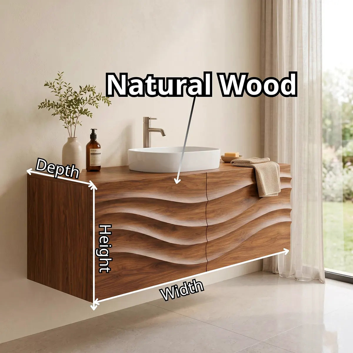 Floating Bathroom Vanity with 2 Doors | Carved Wave Front Wall Mounted Vanity Cabinet