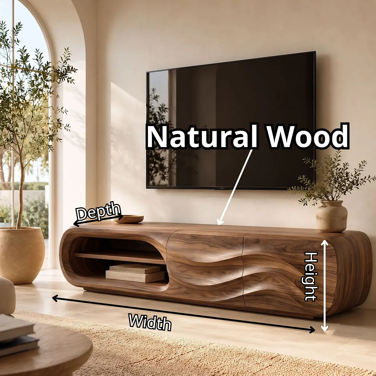 Modern Organic TV Stand with Open Shelving & Dual Sculpted Storage Cabinets TT006-6RWN8II