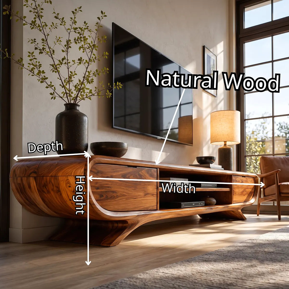 Sculptural Curved TV Stand with Open Media Shelves & Concealed Storage | Modern Entertainment Console