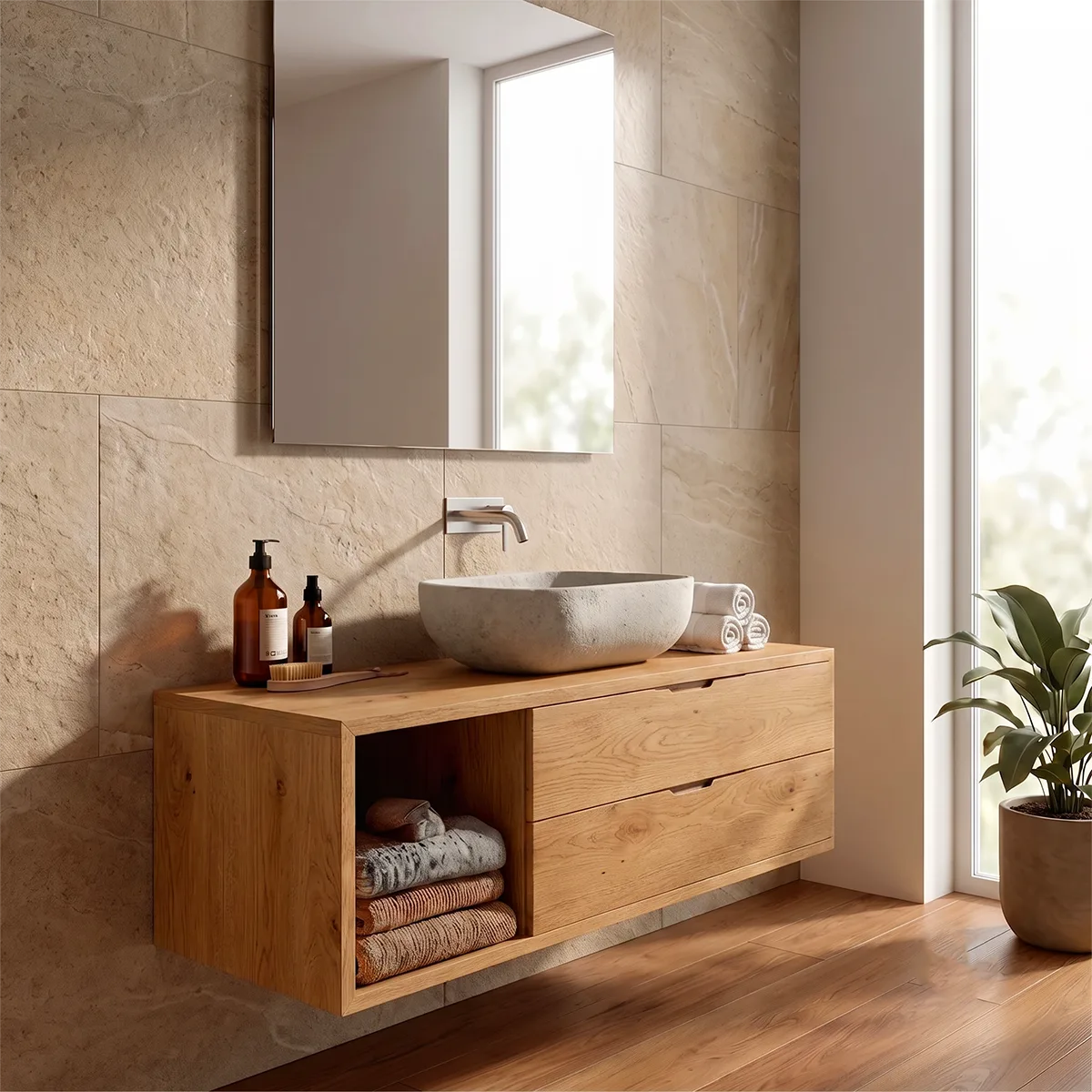 Floating Bathroom Vanity with 2 Drawers & Open Shelf | Modern Wall Mounted Vanity