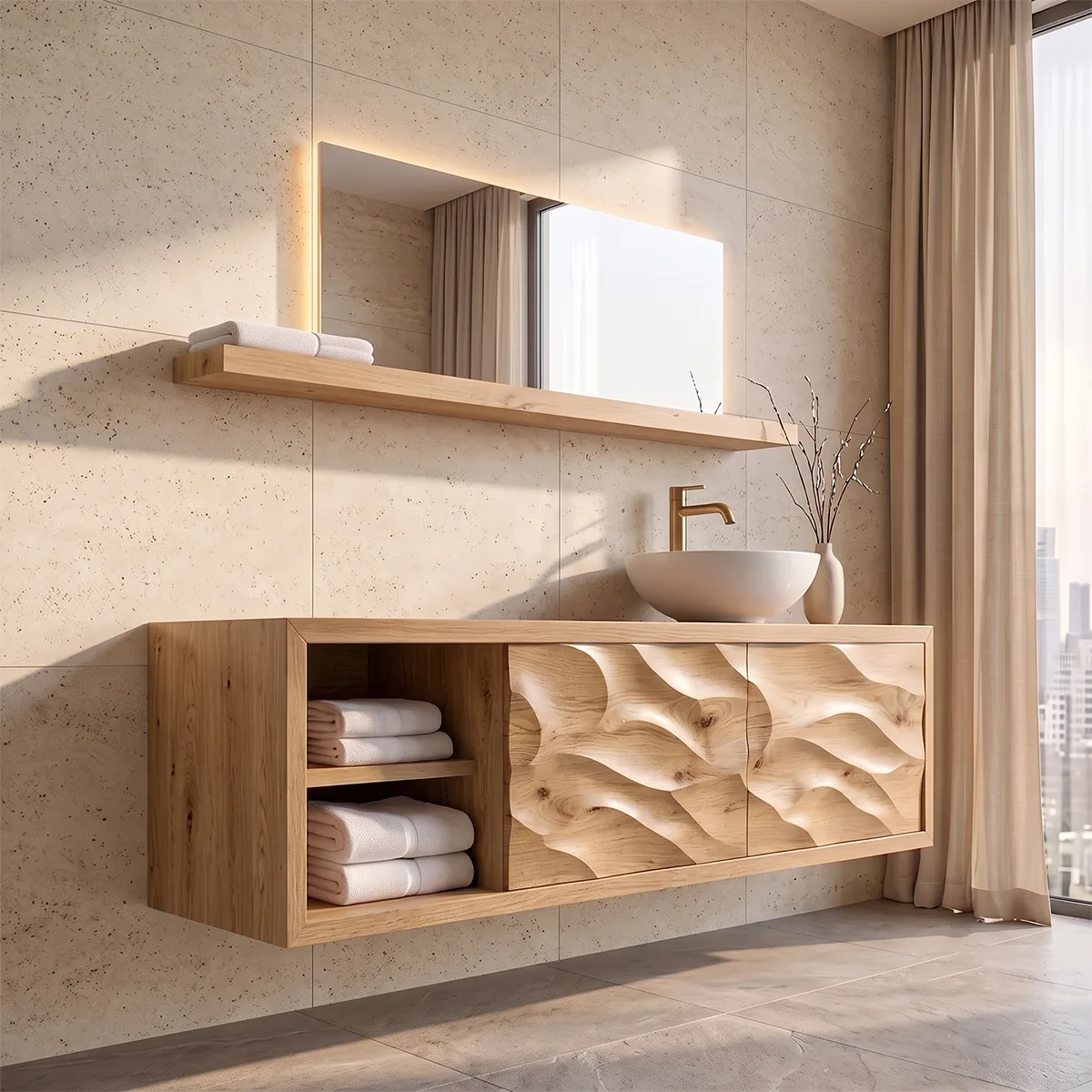 Modern Floating Bathroom Vanity with Sculpted Wave Doors | Wall Mounted Vanity Cabinet TH003-9UNQ5XS