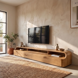 Modern Low Profile TV Stand with 2 Drawers & Open Media Shelves