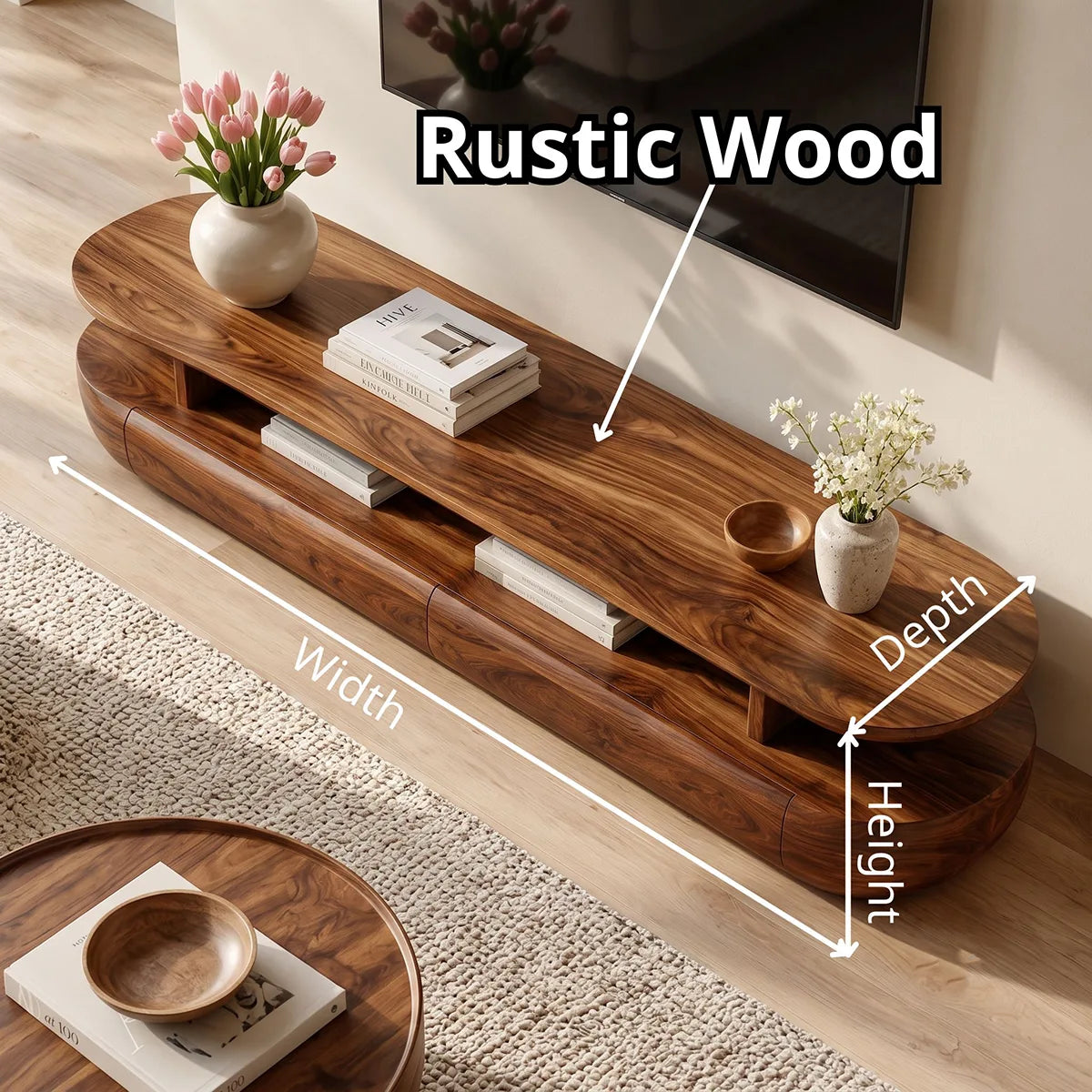Organic Modern TV Stand with Open Shelf & 2 Drawers | Modern Media Console TT006-1JRE9PZ