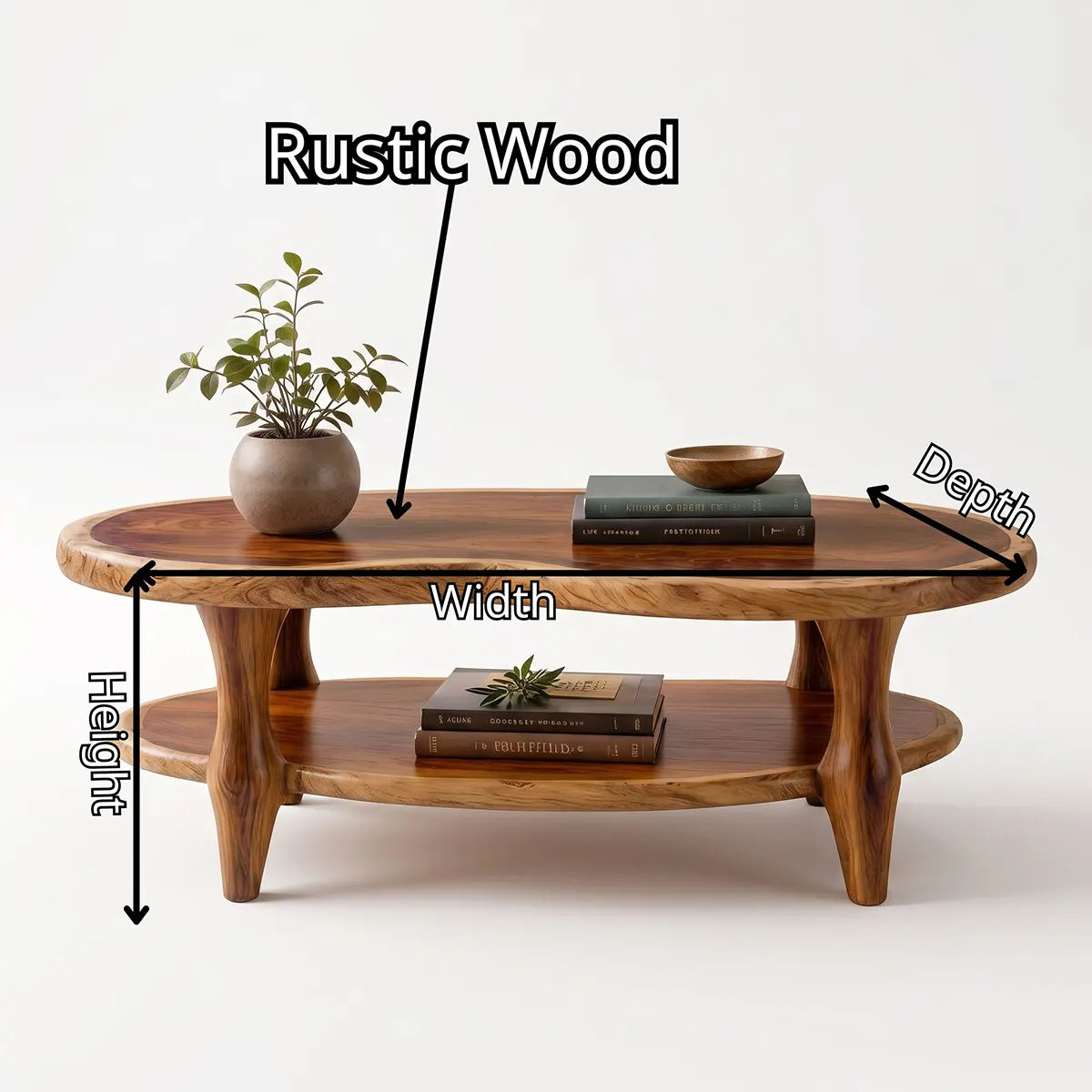 Organic Shape Coffee Table with Storage Shelf | Handcrafted Solid Wood Live Edge Table TT006-1025