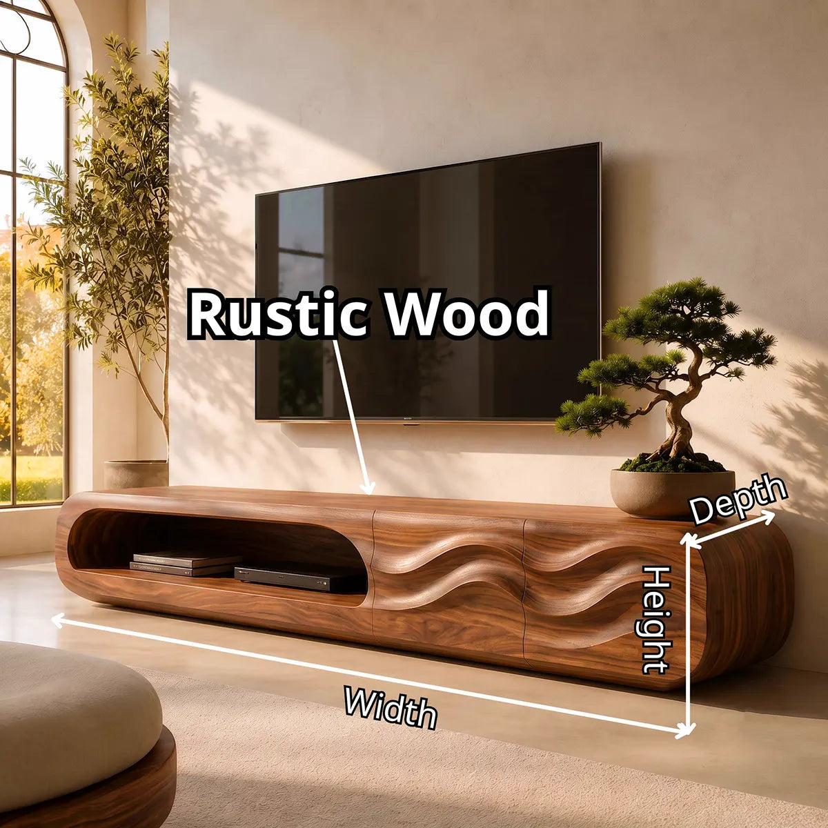 Organic Modern TV Stand with Open Shelf & Two Sculpted Storage Cabinets TT006-8YEU8CV