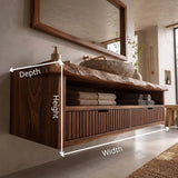 Floating Solid Wood Bathroom Vanity | Live Edge Bathroom Vanity with Fluted Drawers and Open Shelf TT006-8ZMT8QZ