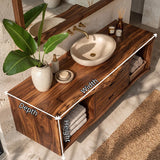 Floating Solid Wood Bathroom Vanity | Live Edge Bathroom Vanity with Double Drawers and Open Storage Shelves TT006-2IAU5HX