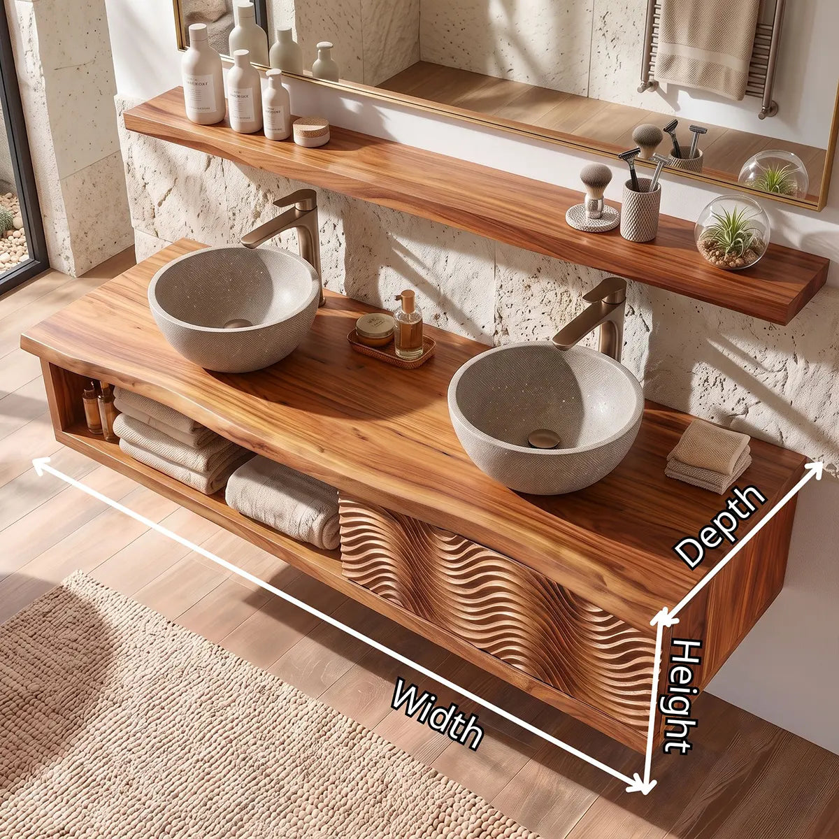 Floating Double Sink Solid Wood Bathroom Vanity | Live Edge Wood Vanity with Open Shelf & Carved Hinged Cabinet TT006-9PJD5EI