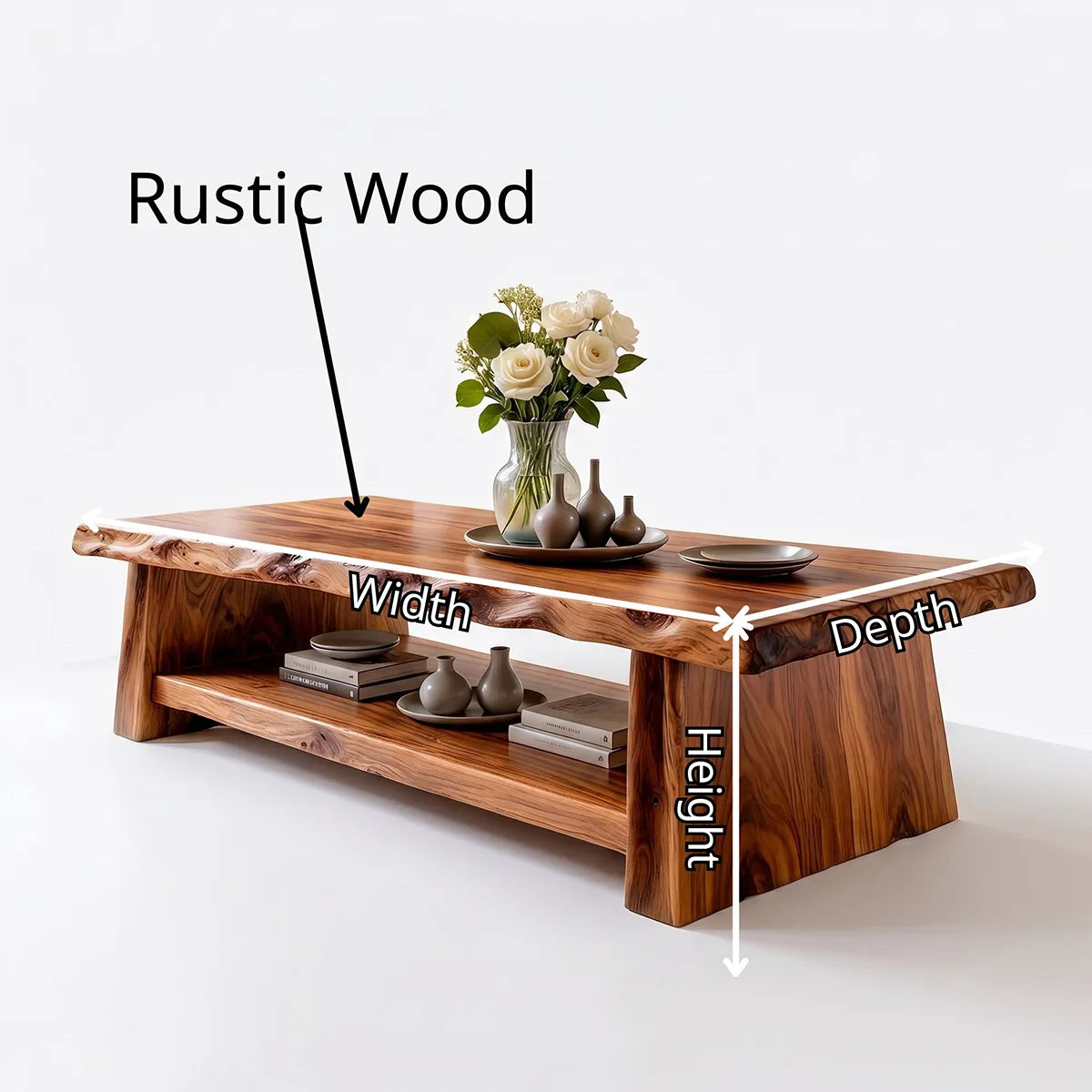 Solid Wood Live Edge Coffee Table | Rustic Modern Coffee Table with Storage Shelf TT006-9440