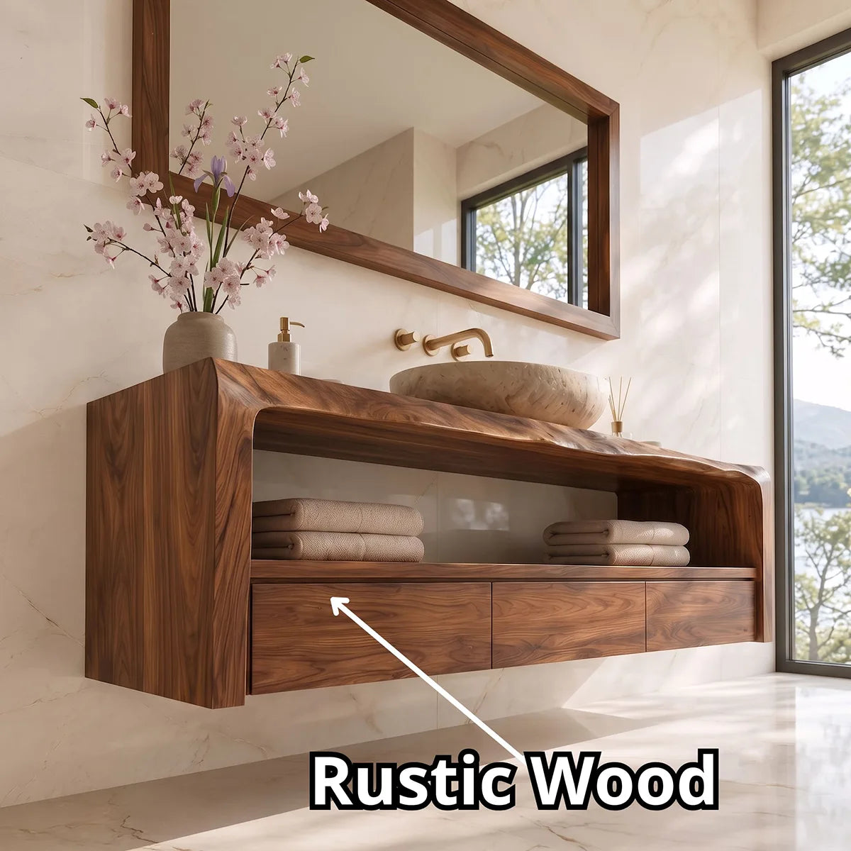 Floating Solid Wood Bathroom Vanity | Live Edge Bathroom Vanity with 3 Soft-Close Drawers and Open Shelf TT006-5FPH5WZ
