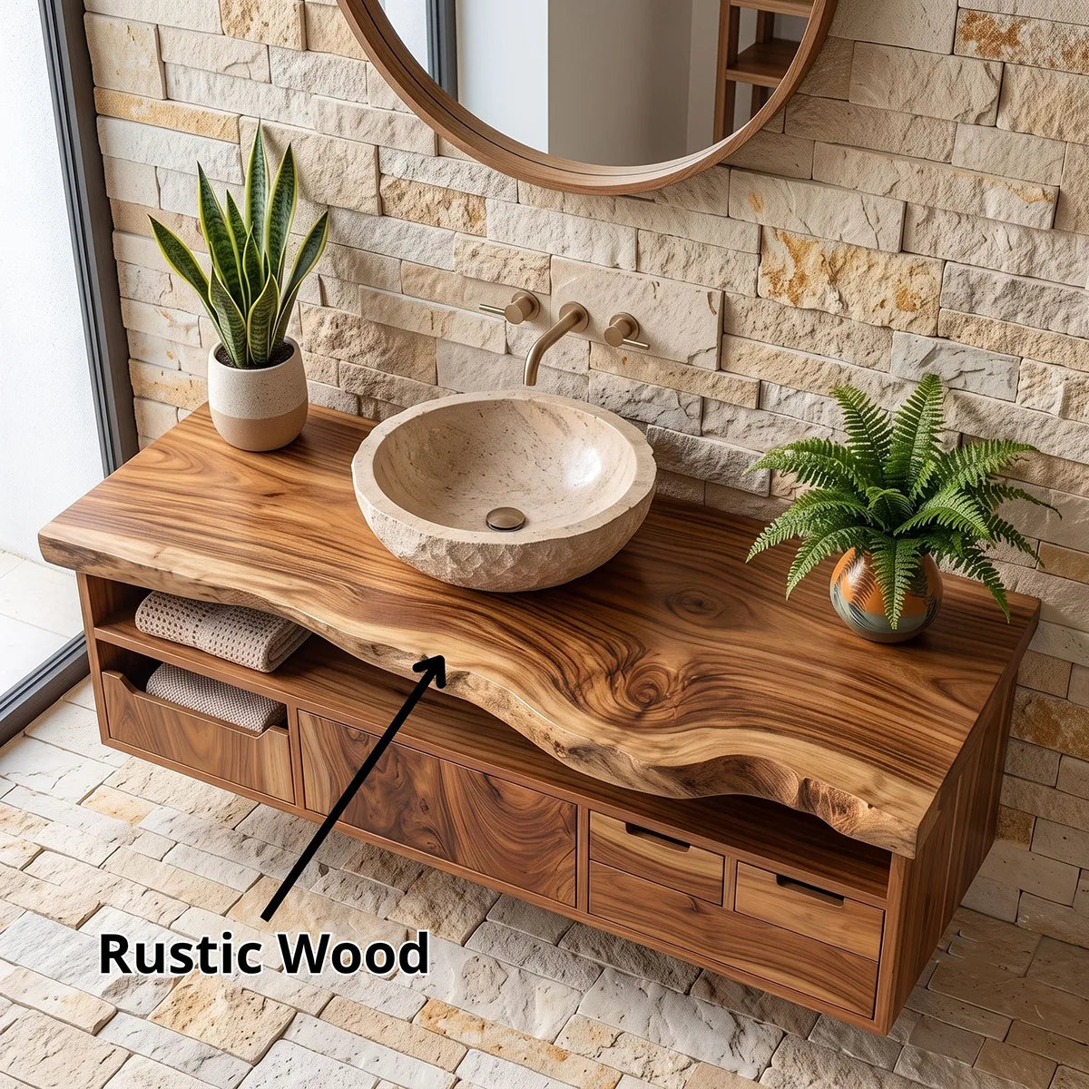 Organic Live Edge Floating Bathroom Vanity with Open Storage & Multi-Drawer Cabinet TH003-3OXF9BY