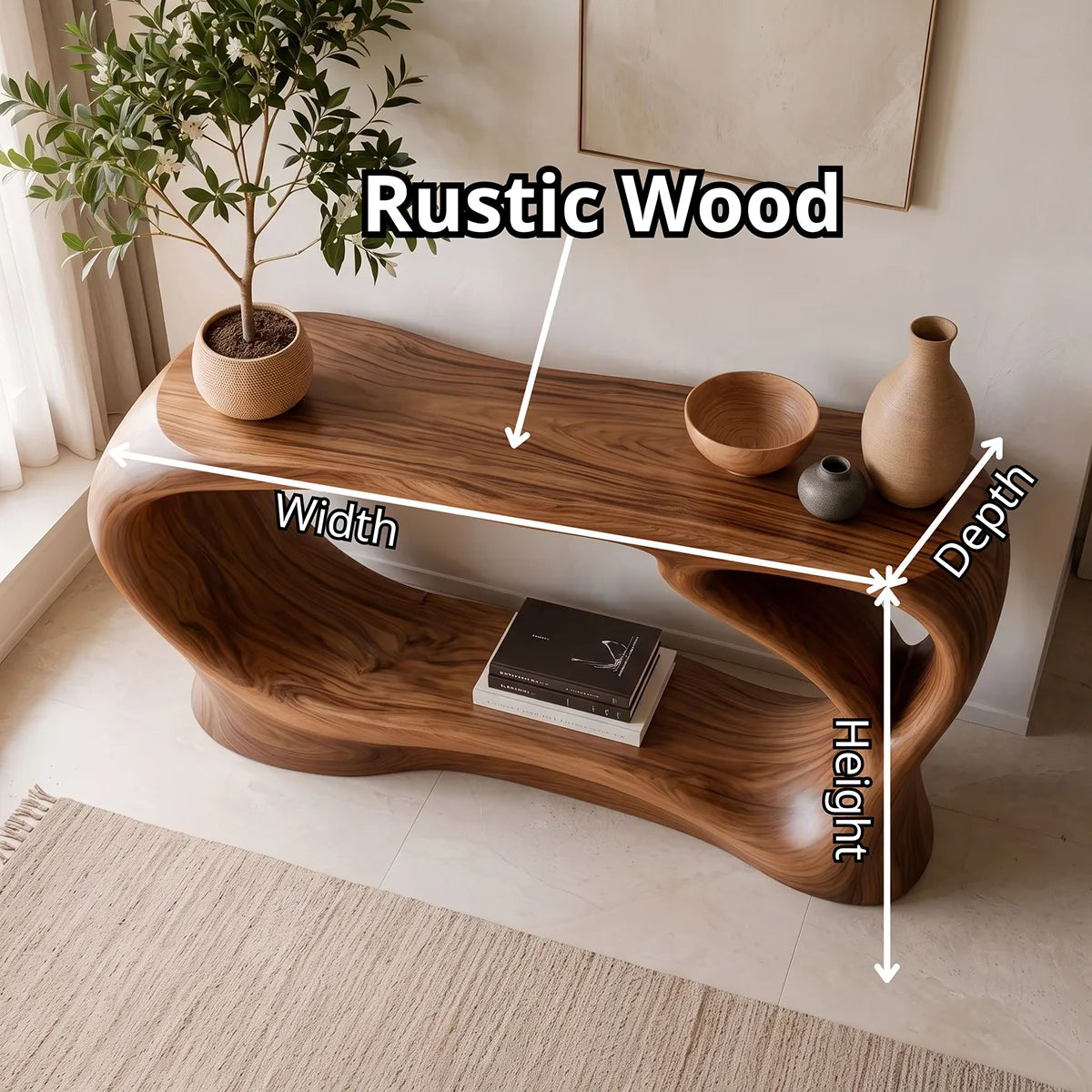 Organic Modern Console Table with Sculptural Open Frame & Display Shelf TT006-1286