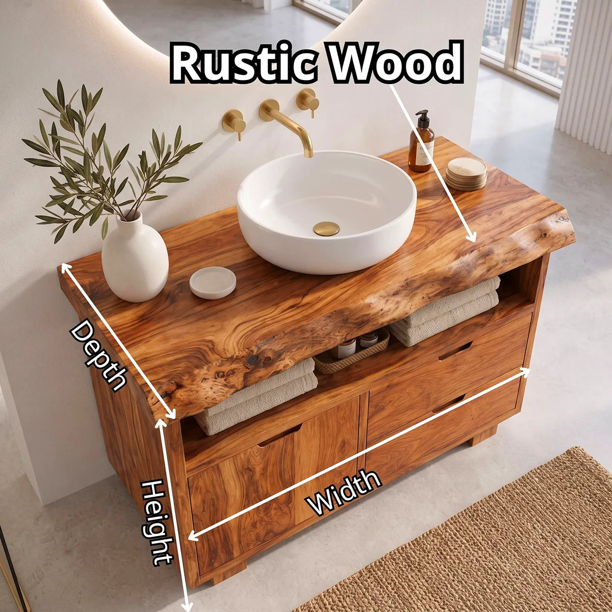 Freestanding Bathroom Vanity with Storage & Open Shelf | Live Edge Modern Design