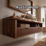 Floating Solid Wood Bathroom Vanity | Live Edge Bathroom Vanity with Fluted Drawers and Open Shelf TT006-8ZMT8QZ