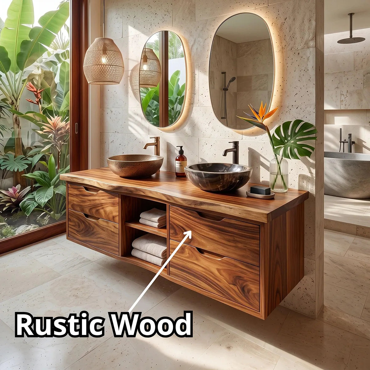 Double Sink Floating Solid Wood Bathroom Vanity | Modern Bathroom Vanity with Four Drawers and Open Shelves TT006-9FKJ3AR
