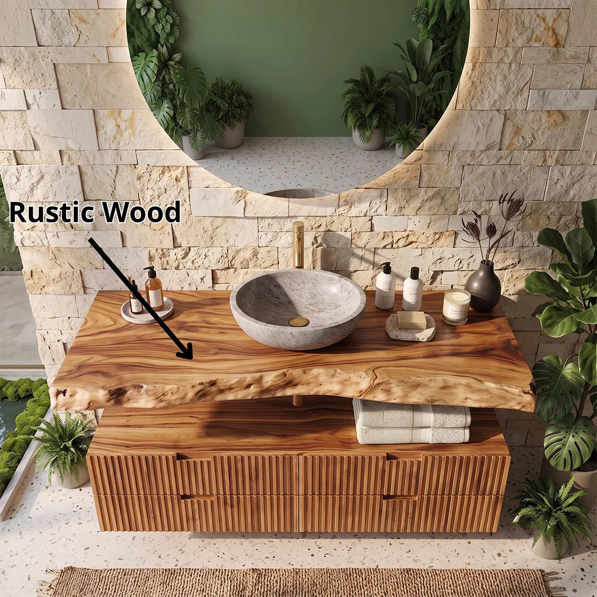 Floating Fluted Bathroom Vanity | Modern Live Edge Wood Vanity TH003-8BWH6MI