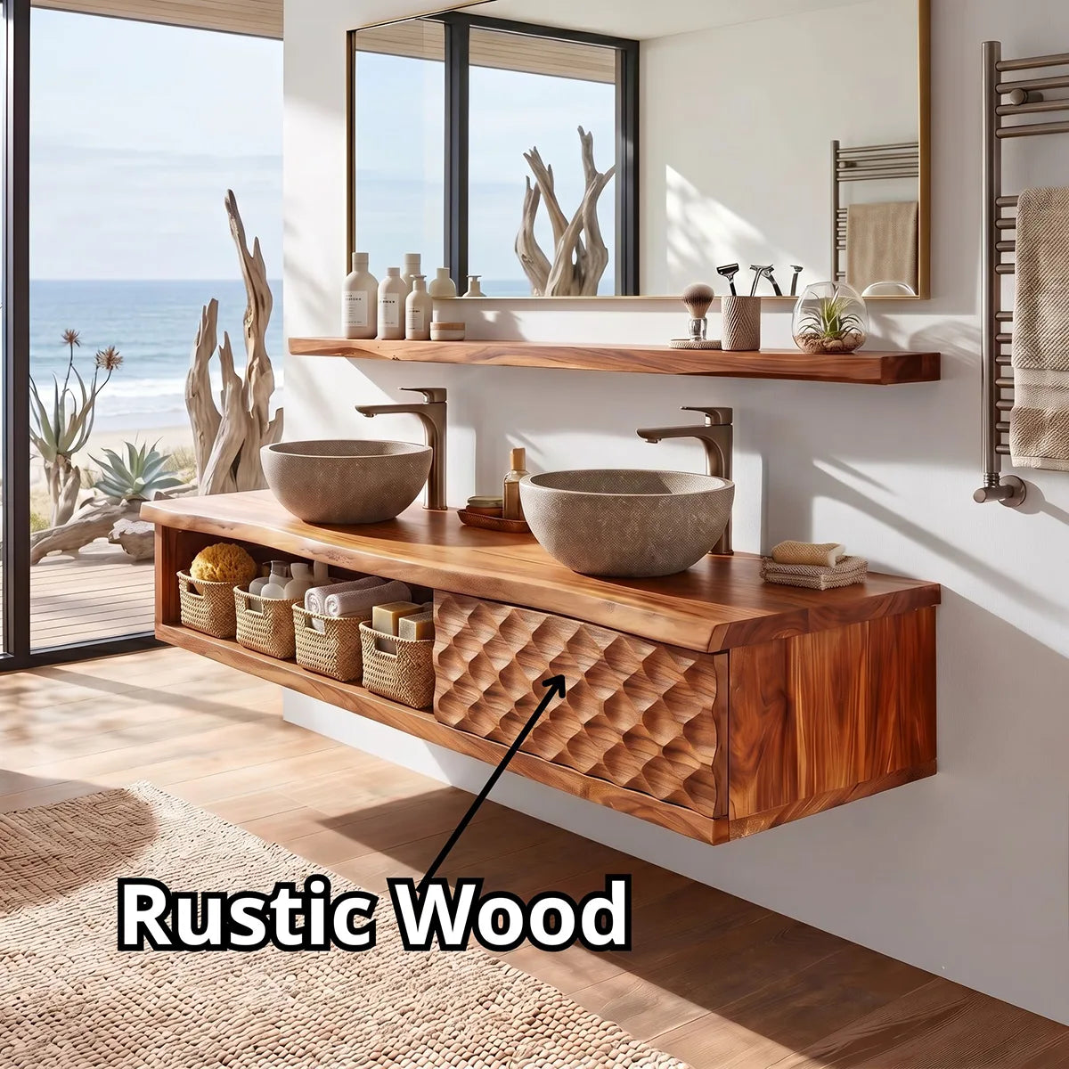 Floating Double Sink Solid Wood Bathroom Vanity | Modern Wood Vanity with Open Shelf & Carved Hinged Cabinet TT006-1ERI1VM