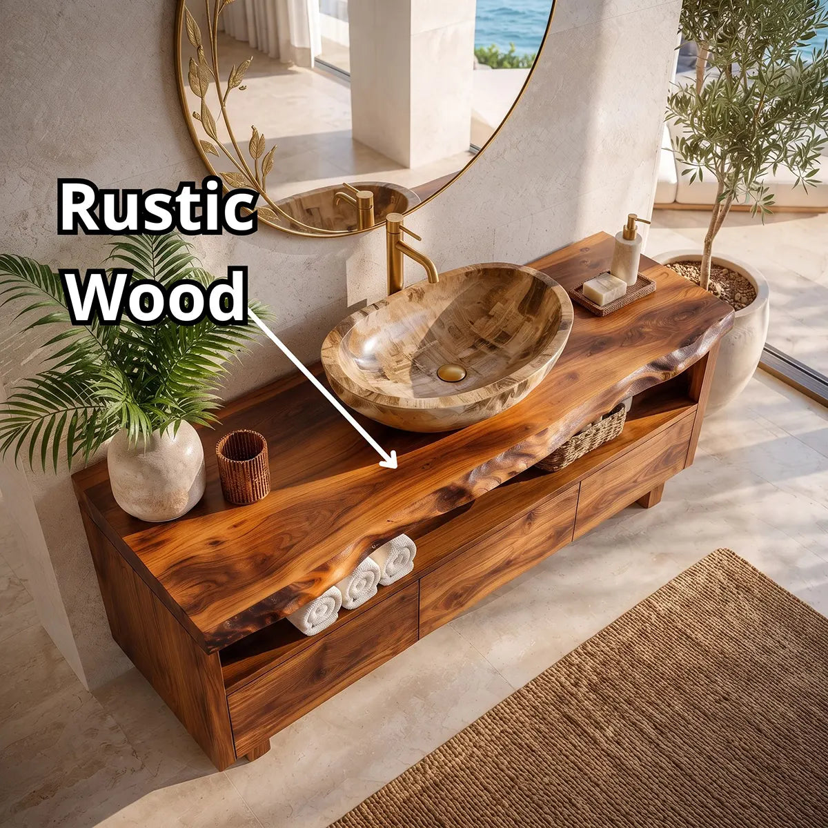 Freestanding Solid Wood Bathroom Vanity | Live Edge Bathroom Vanity with Open Shelf & Three Drawers TT006-7CUG6CN