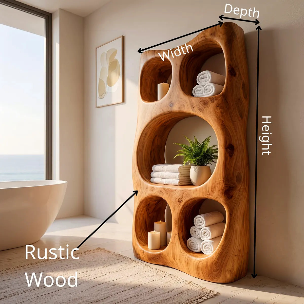 Tall Bathroom Storage Cabinet with Open Shelves | Sculptural Organic Modern Storage Tower