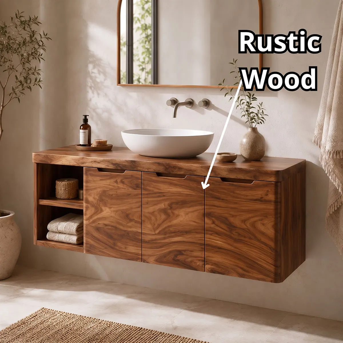 Floating Solid Wood Bathroom Vanity with Open Shelves & Hinged Cabinets | Wall Mounted Bathroom Vanity with Double-Door Storage TT006-4CCT8FL