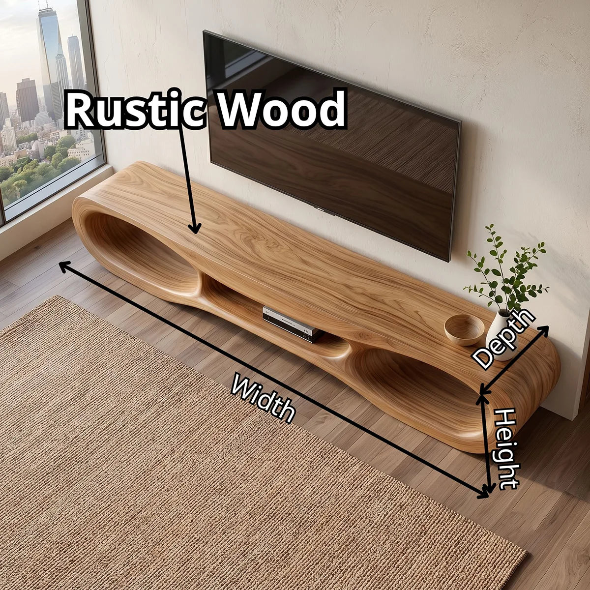 Organic Modern TV Stand with Triple Open Shelving & Sculptural Curved Design TT006-3KAV6WJ