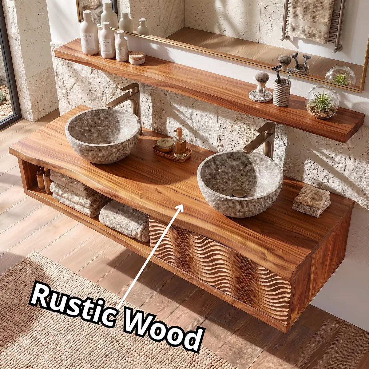 Floating Double Sink Solid Wood Bathroom Vanity | Live Edge Wood Vanity with Open Shelf & Carved Hinged Cabinet TT006-9PJD5EI