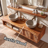 Floating Double Sink Solid Wood Bathroom Vanity | Live Edge Wood Vanity with Open Shelf & Carved Hinged Cabinet TT006-9PJD5EI