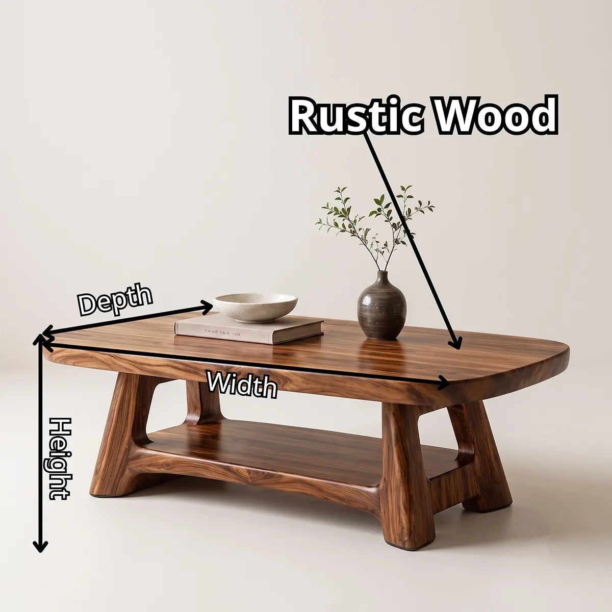 Solid Wood Coffee Table with Storage Shelf | Modern Organic Living Room Table TT006-5345