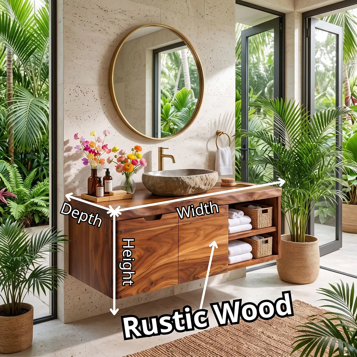 Floating Solid Wood Bathroom Vanity | Wall Mounted Single Sink Vanity with Double-Door Cabinet & Open Side Shelves TT006-8RLE6IL