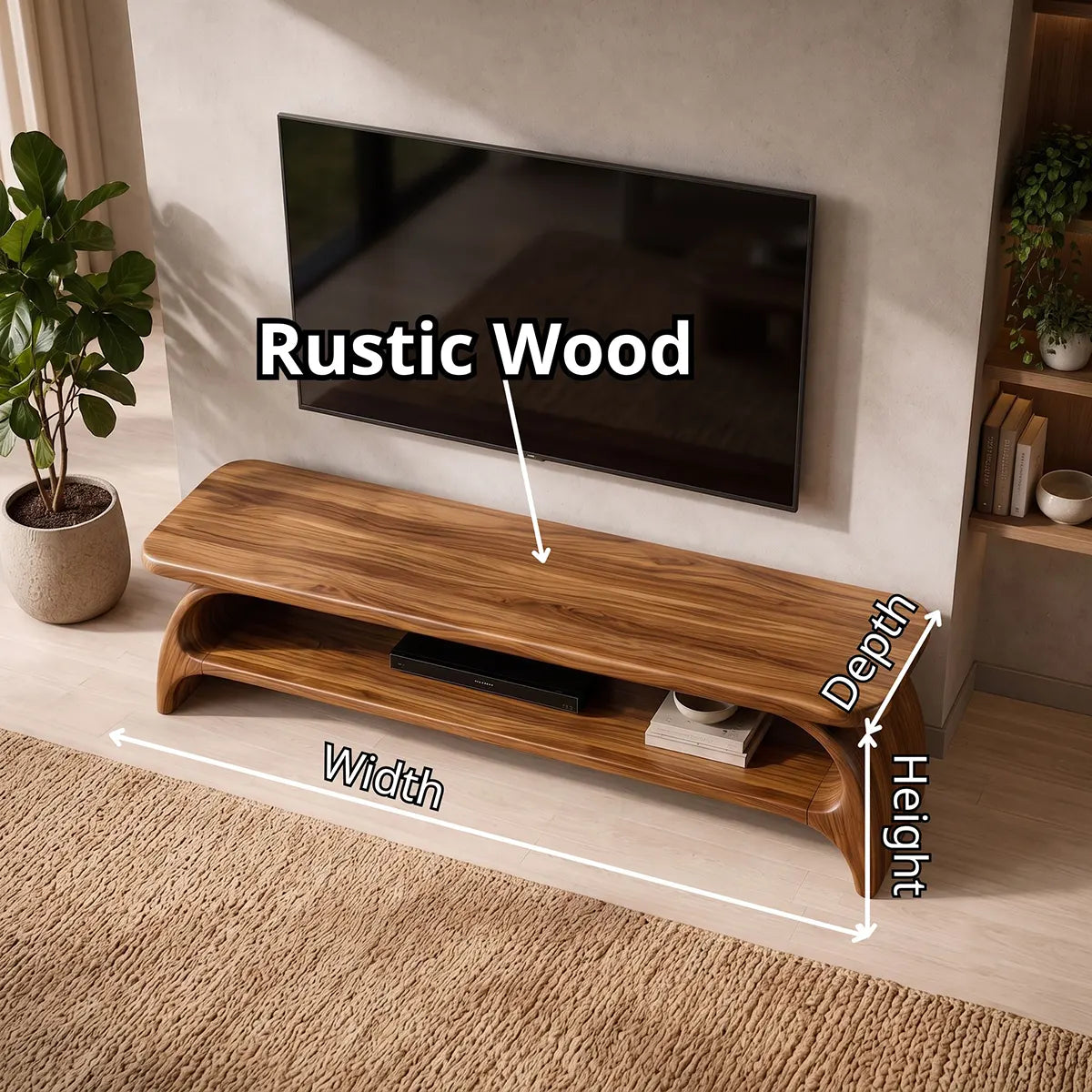 Organic Modern TV Stand with Sculptural Open Shelf & Curved Waterfall Design TT006-2BHV8AL