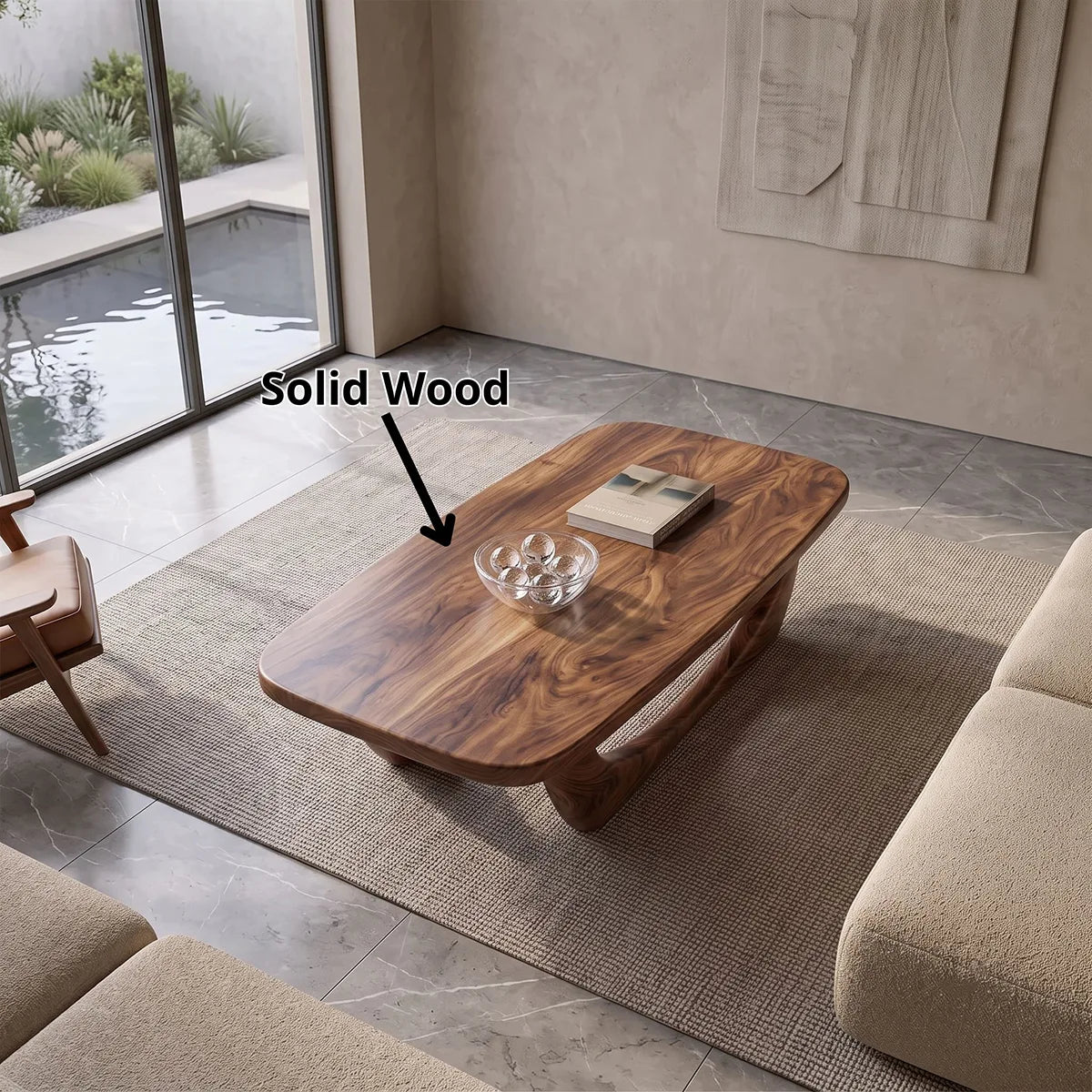 Sculptural Coffee Table with Curved Base | Organic Modern Rounded Rectangle Center Table