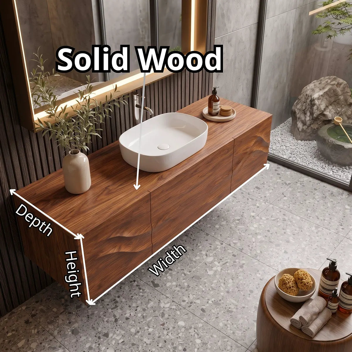Floating Bathroom Vanity with 3 Doors | Sculpted Wave Front & Handleless Design