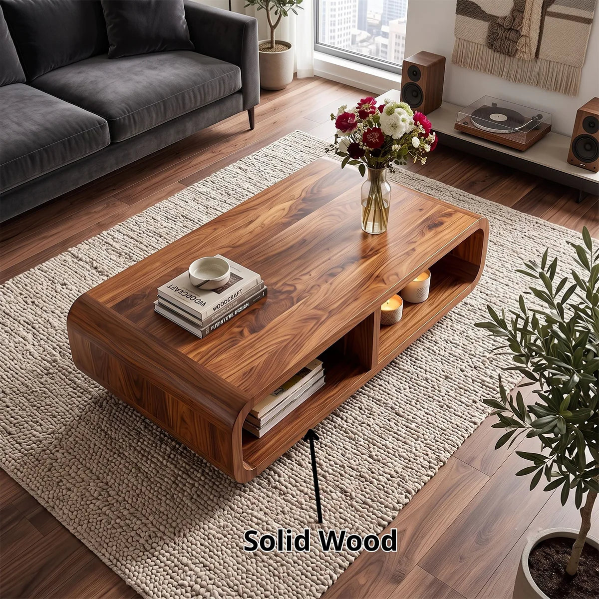 Modern Rectangular Coffee Table with Open Shelf | Rounded Edge Living Room Center Table