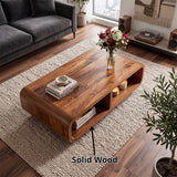 Modern Rectangular Coffee Table with Open Shelf | Rounded Edge Living Room Center Table