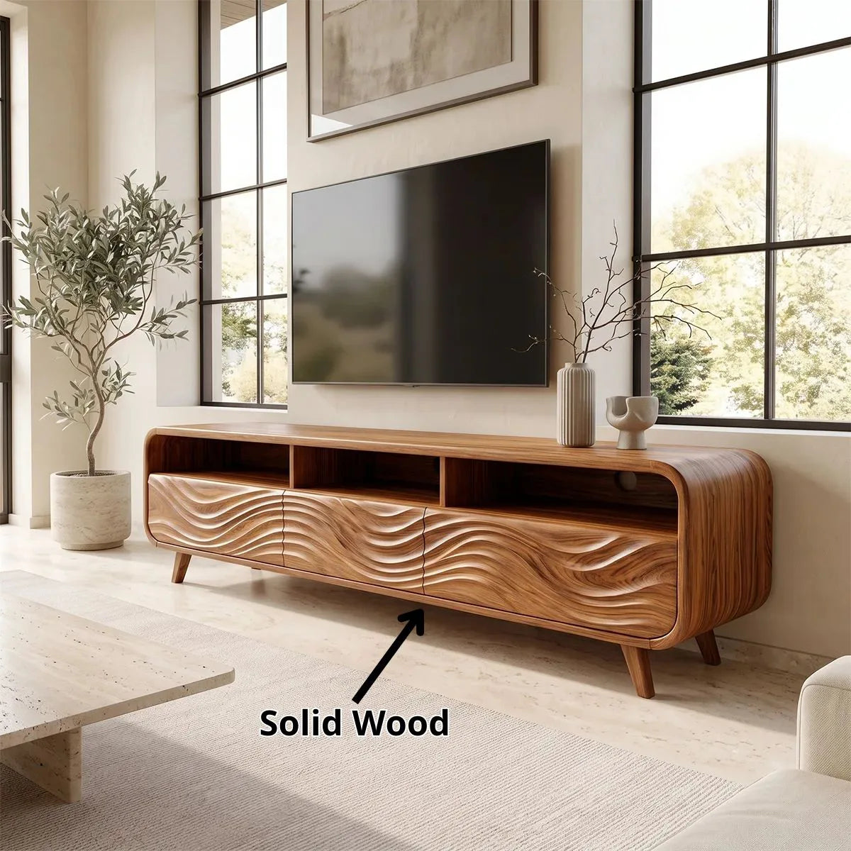 Wave Carved TV Stand with 3 Drawers & Open Shelves | Modern Media Console TH003-5GTN4YH