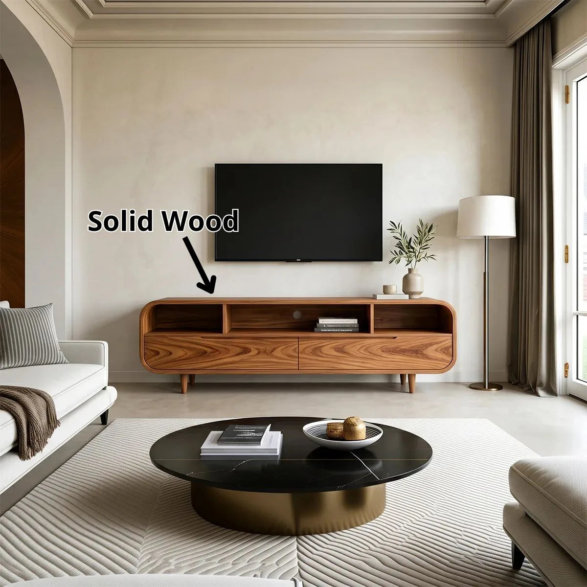 Modern TV Stand with 2 Drawers & Open Storage | Rounded Media Console TH003-5IKK5IP