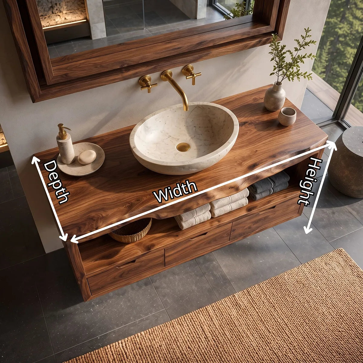 Floating Solid Wood Bathroom Vanity | Live Edge Bathroom Vanity with Three Soft-Close Drawers and Open Shelf TT006-3KMK1JL