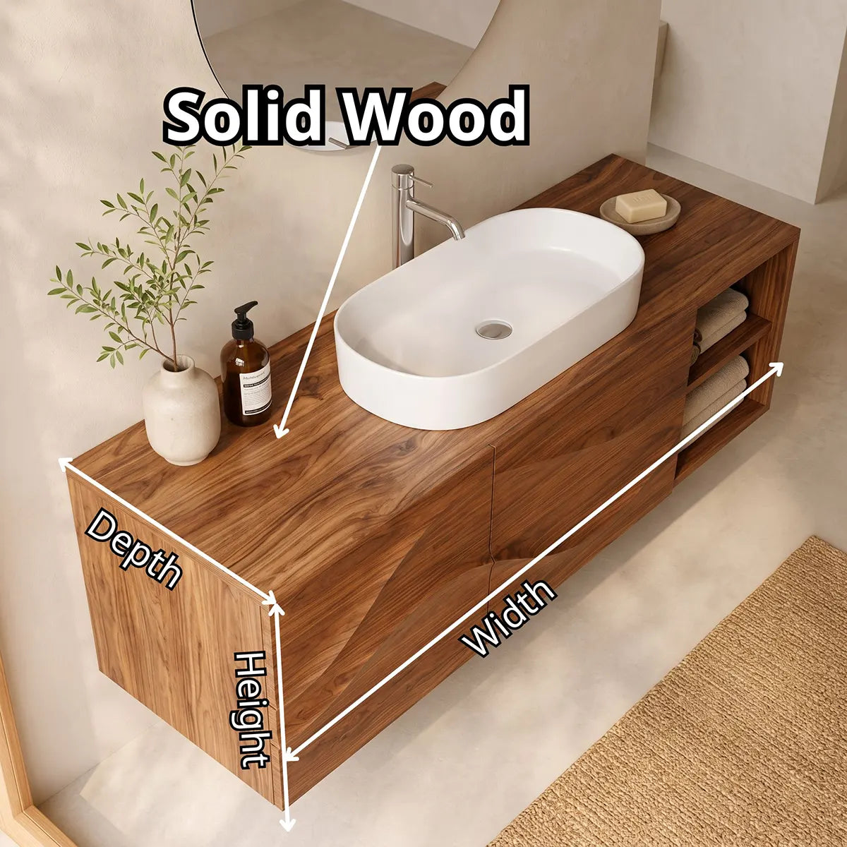 Floating Bathroom Vanity with 2 Doors | Carved Wave Front & Open Storage Shelves