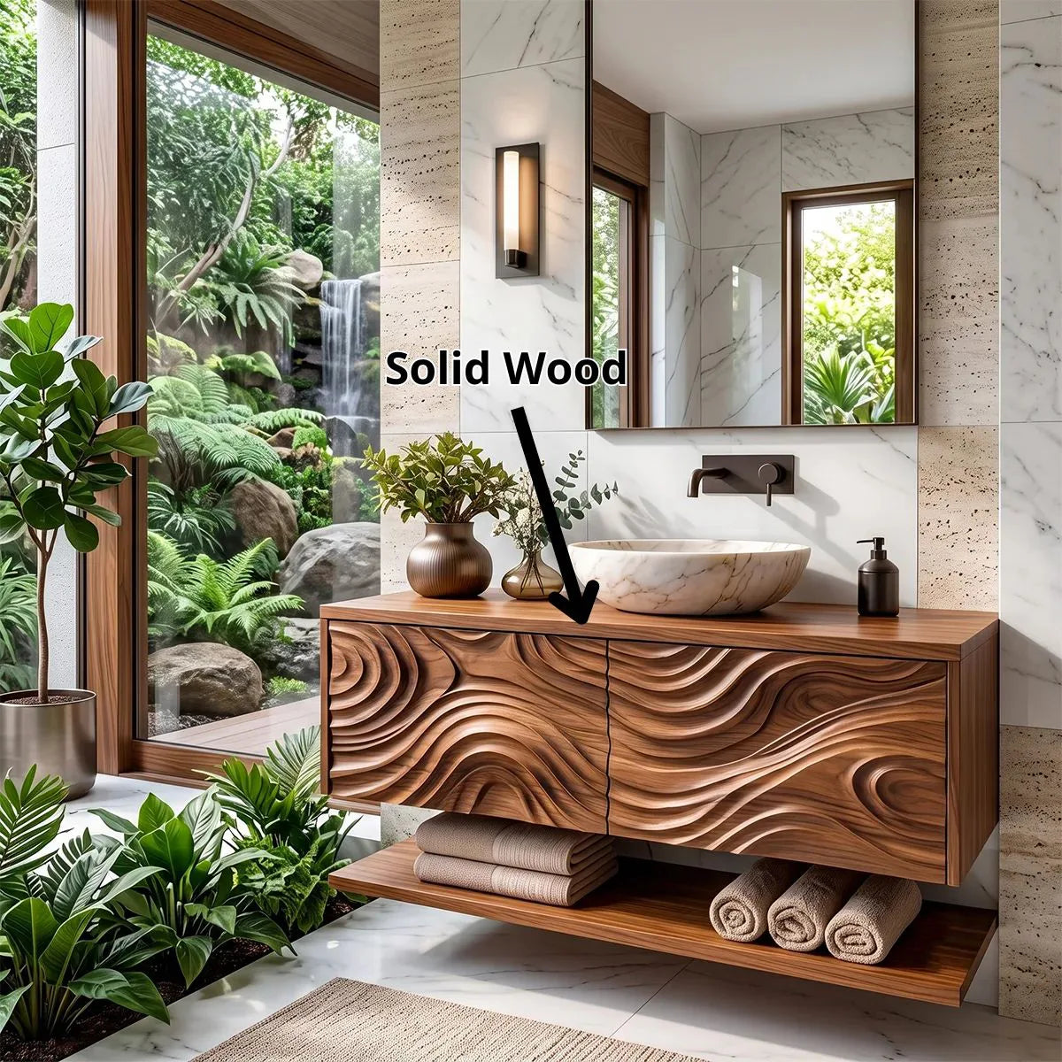 Floating Bathroom Vanity with Sculpted Wave Doors & Open Shelf | Modern Solid Wood Vanity TH003-9MII5QN