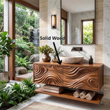 Floating Bathroom Vanity with Sculpted Wave Doors & Open Shelf | Modern Solid Wood Vanity TH003-9MII5QN