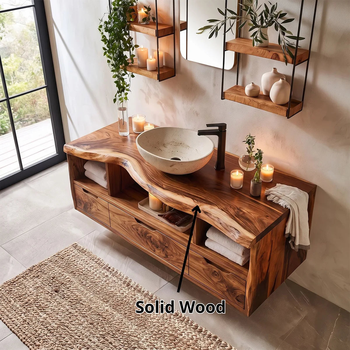 Live Edge Floating Bathroom Vanity with 3 Drawers & Open Storage Shelves | Modern Wall Mounted Vanity