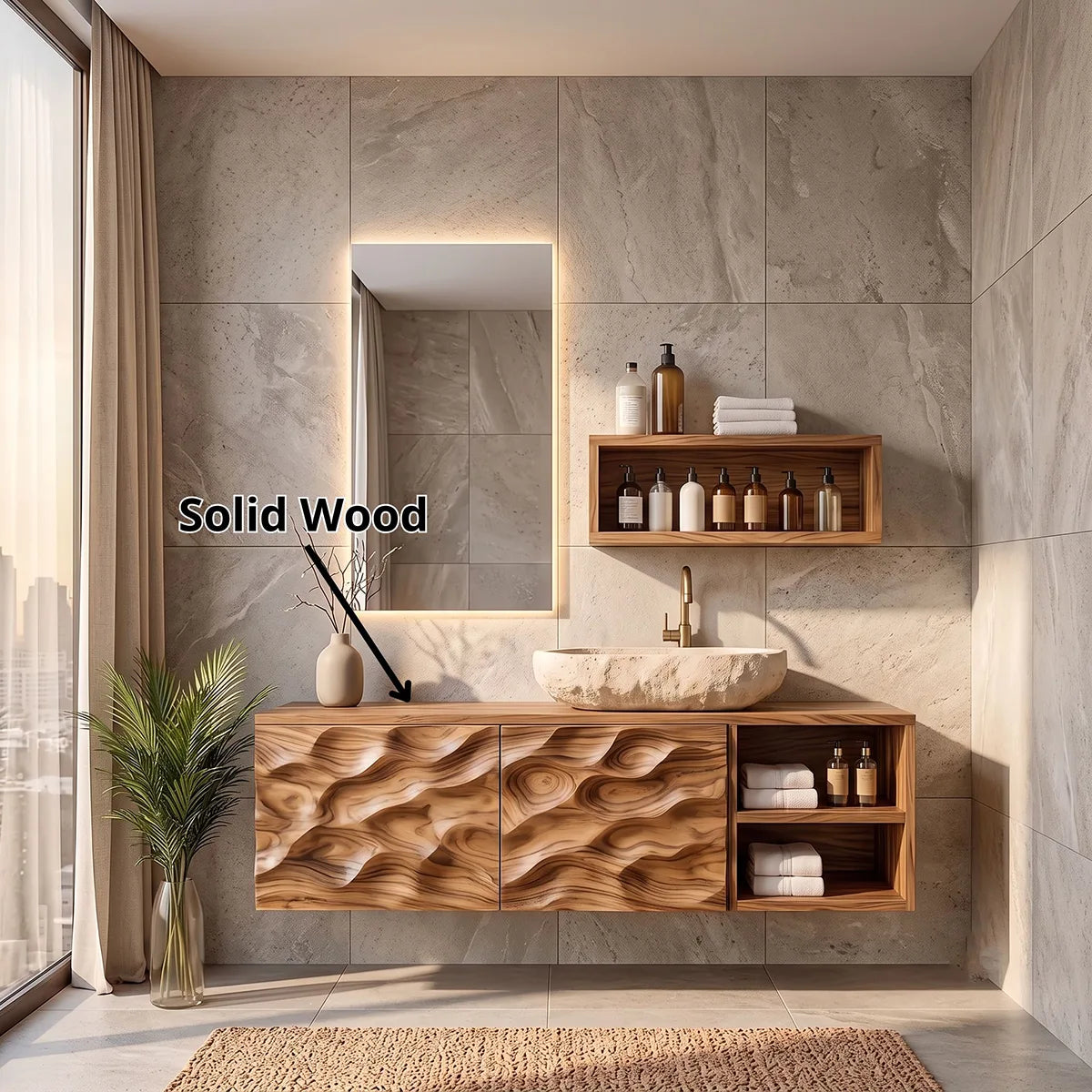 Floating Bathroom Vanity with Sculptural Cabinets & Open Side Shelves | Modern Vanity Cabinet TH003-4JYP9HL
