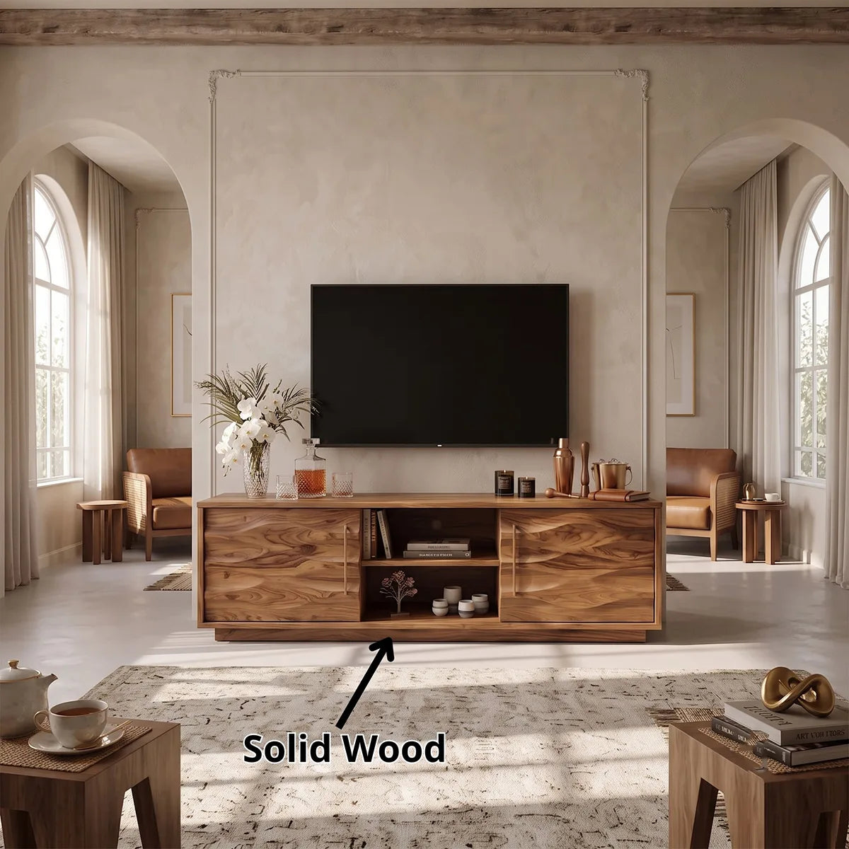 Wave Carved TV Stand with 2 Cabinets & Open Shelves | Media Console TH003-6UCU1VC