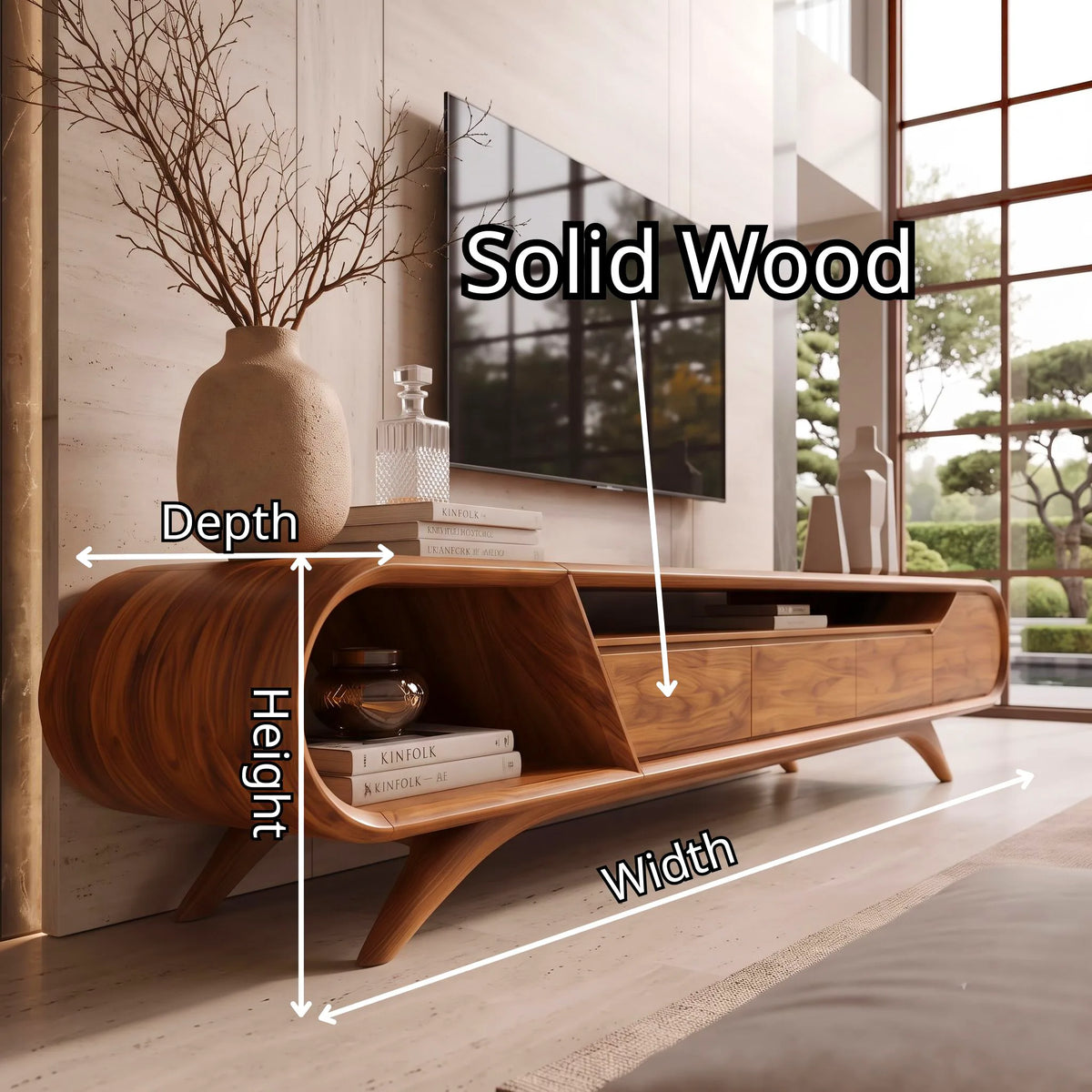 Modern Curved TV Stand with 3 Drawers & Open Storage Areas | Sculptural Media Console