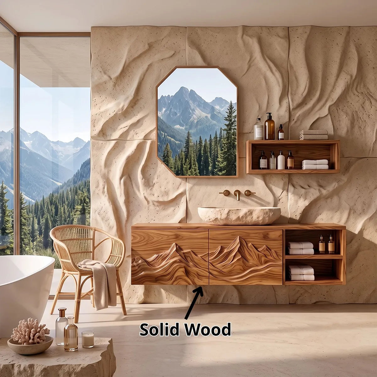 Floating Bathroom Vanity with Mountain Carved Doors & Open Side Shelves TH003-3HMW2TU