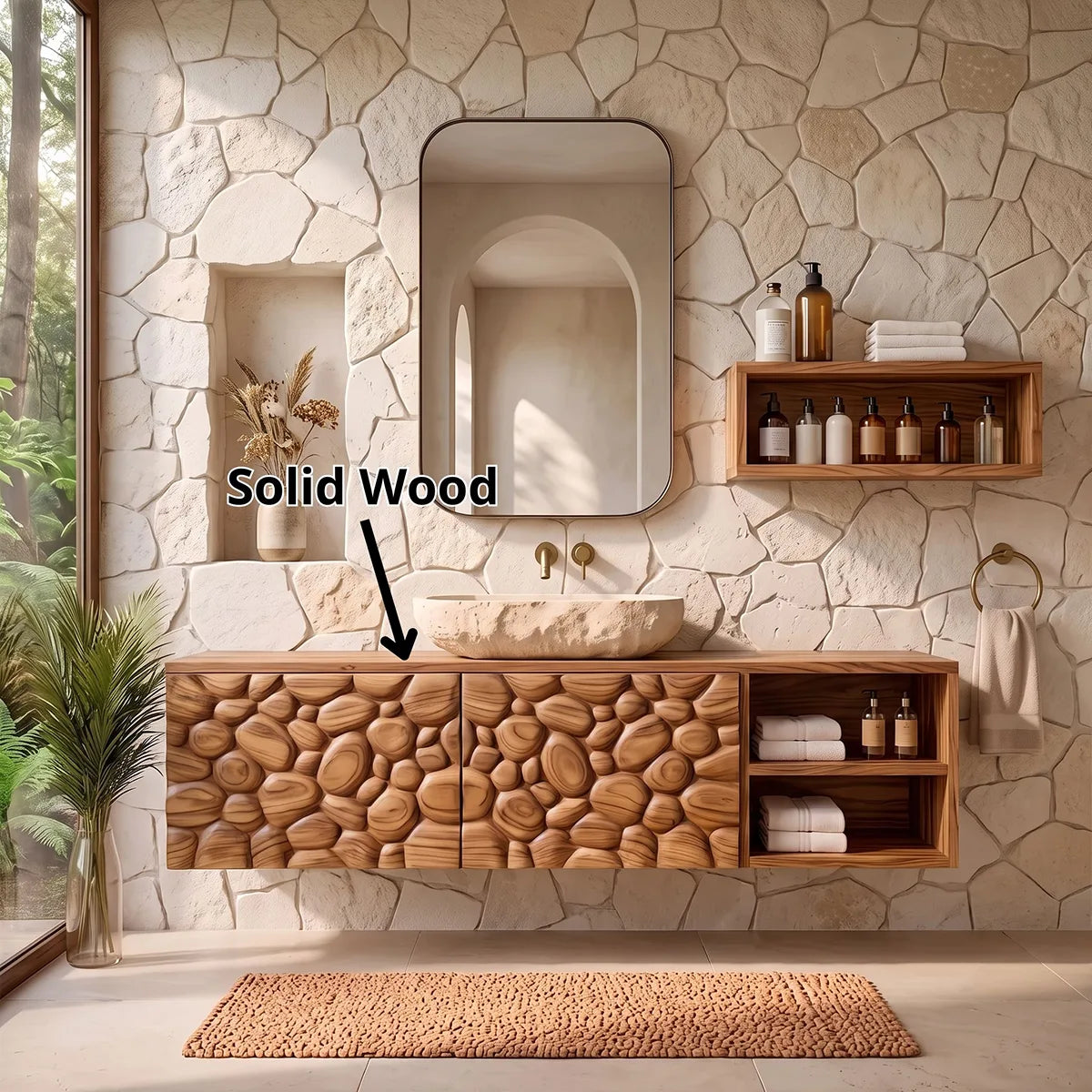 Floating Bathroom Vanity with Pebble Carved Doors & Open Side Shelves TH003-6VHK3DD
