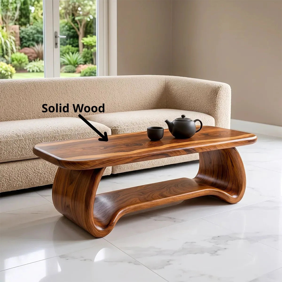 Modern Waterfall Coffee Table | Curved Open Shelf Center Table with Sculptural Base TH003-2431
