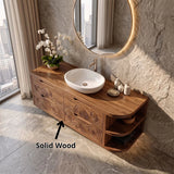 Floating Bathroom Vanity with Carved Wave Drawers & Curved Open Shelves | Modern Wall Mounted Vanity