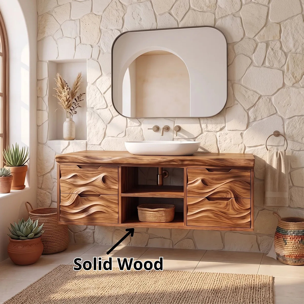 Organic Floating Bathroom Vanity with Cabinets, Open Shelves & Sculpted Wave Front TH003-7IJS3HC