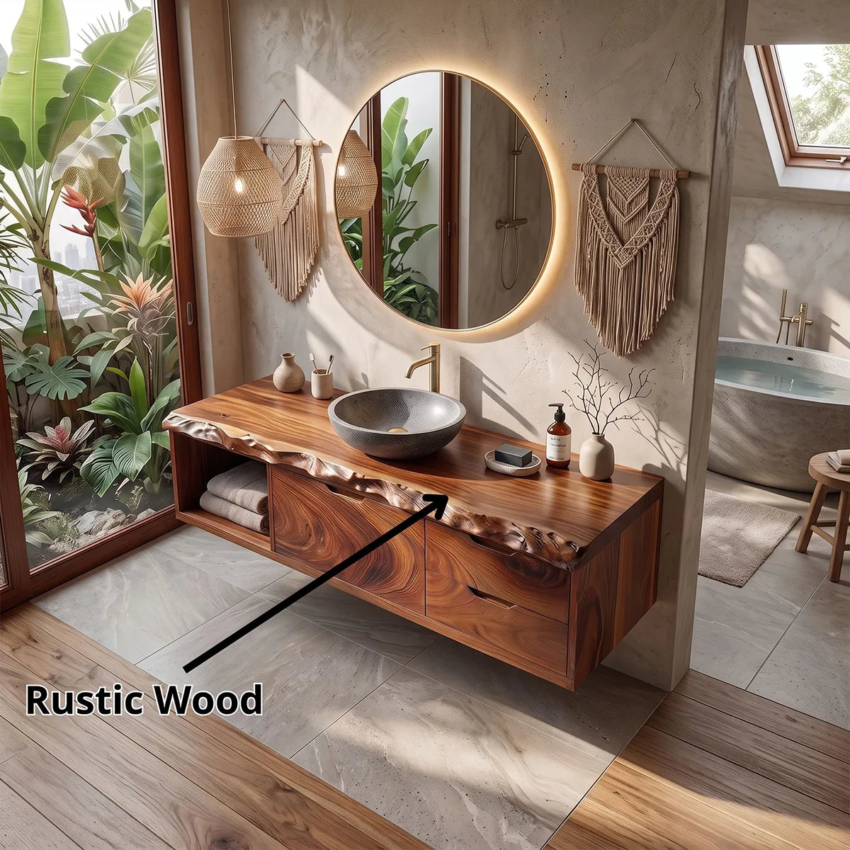 Floating Bathroom Vanity with Cabinet, Two Drawers & Open Shelf | Modern Live Edge Bathroom Vanity TH003-4SBL5MC